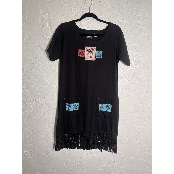 By Anne Dresses & Skirts - By‎ Anne Black Fringe Tunic Dress Womens S Tropical Patch Pocket Cotton Boho